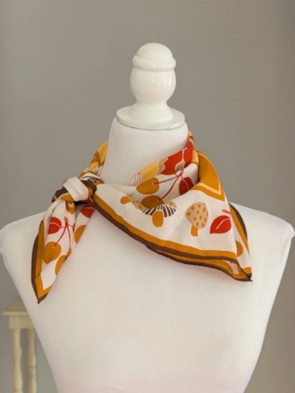 Vtg Morsly NY 70's Mushroom Cherries Vegetable Square Scarf Japan Mod